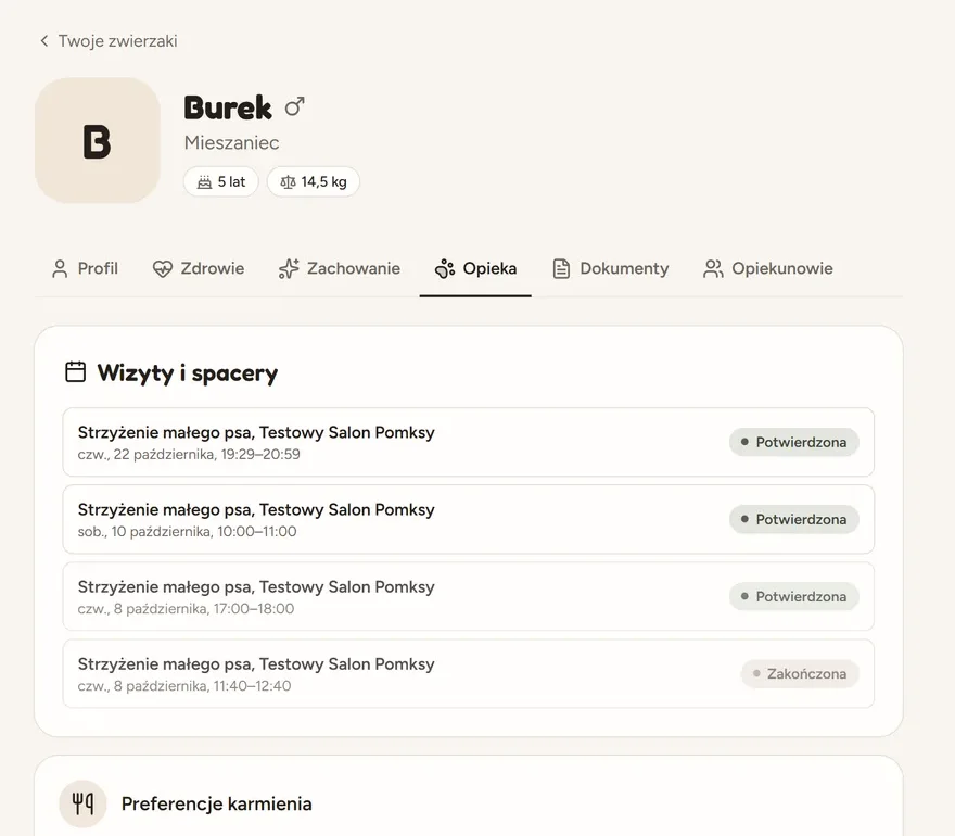 Profil pupila w Pomksy z informacjami o zdrowiu i zachowaniu