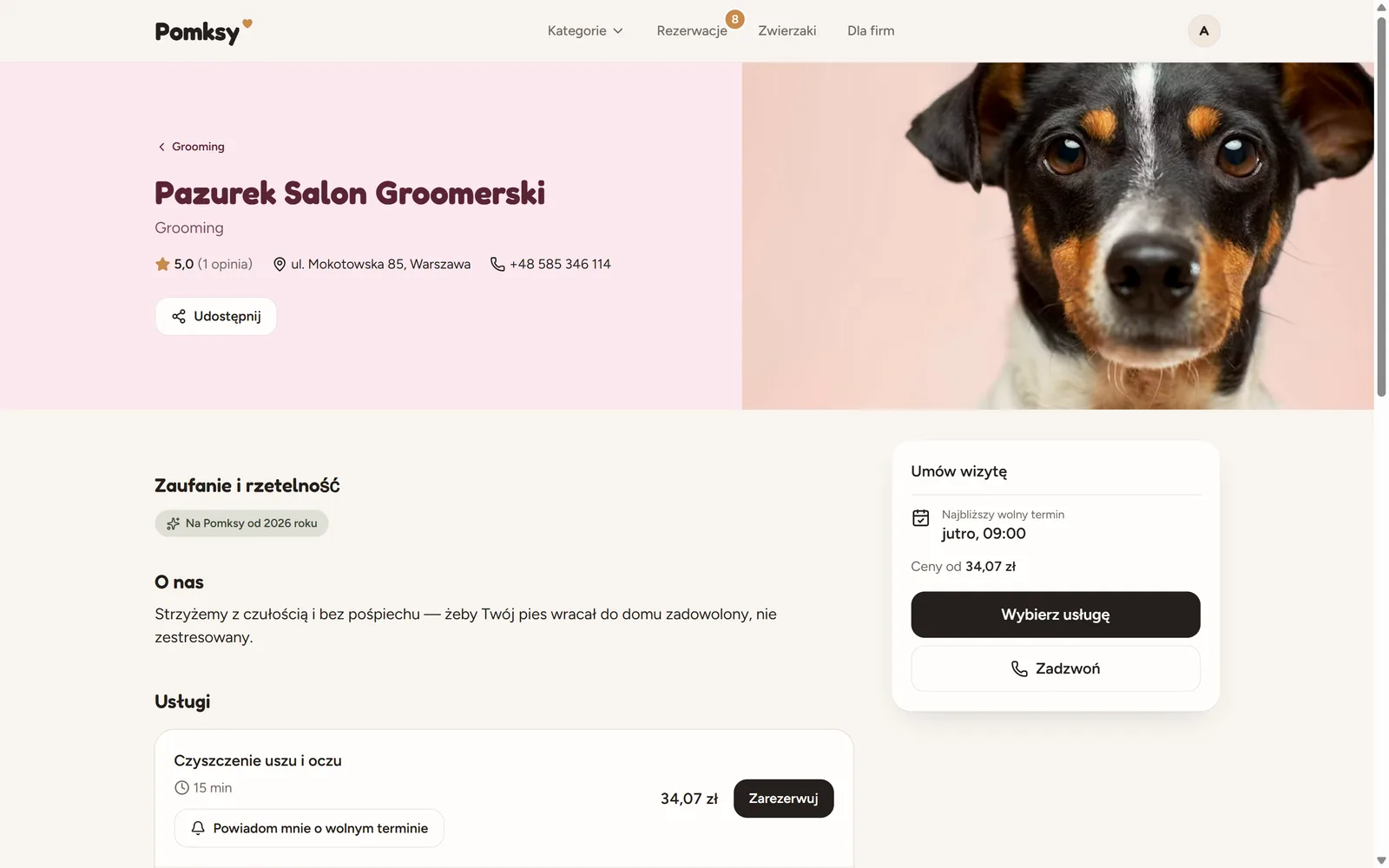 Profil salonu groomerskiego w Pomksy z usługami, cenami i panelem rezerwacji