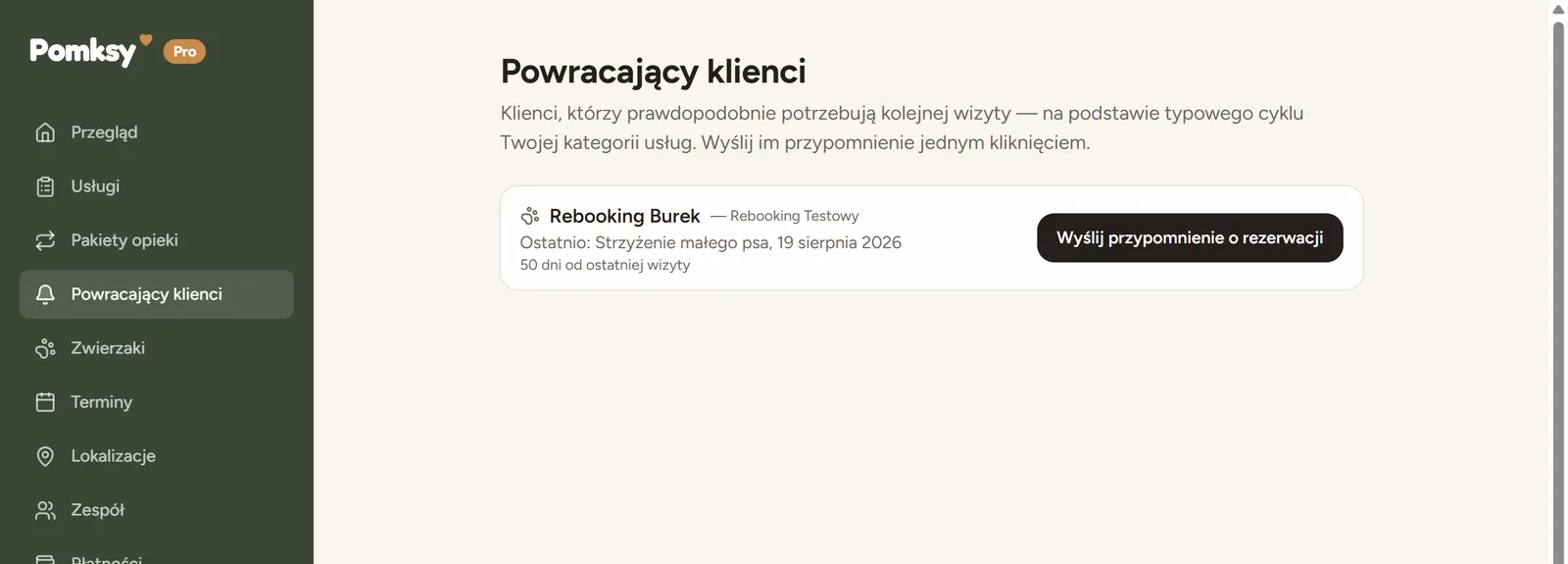 Ekran Powracający klienci w Pomksy Pro z pupilem, datą ostatniej wizyty i przyciskiem wysłania przypomnienia