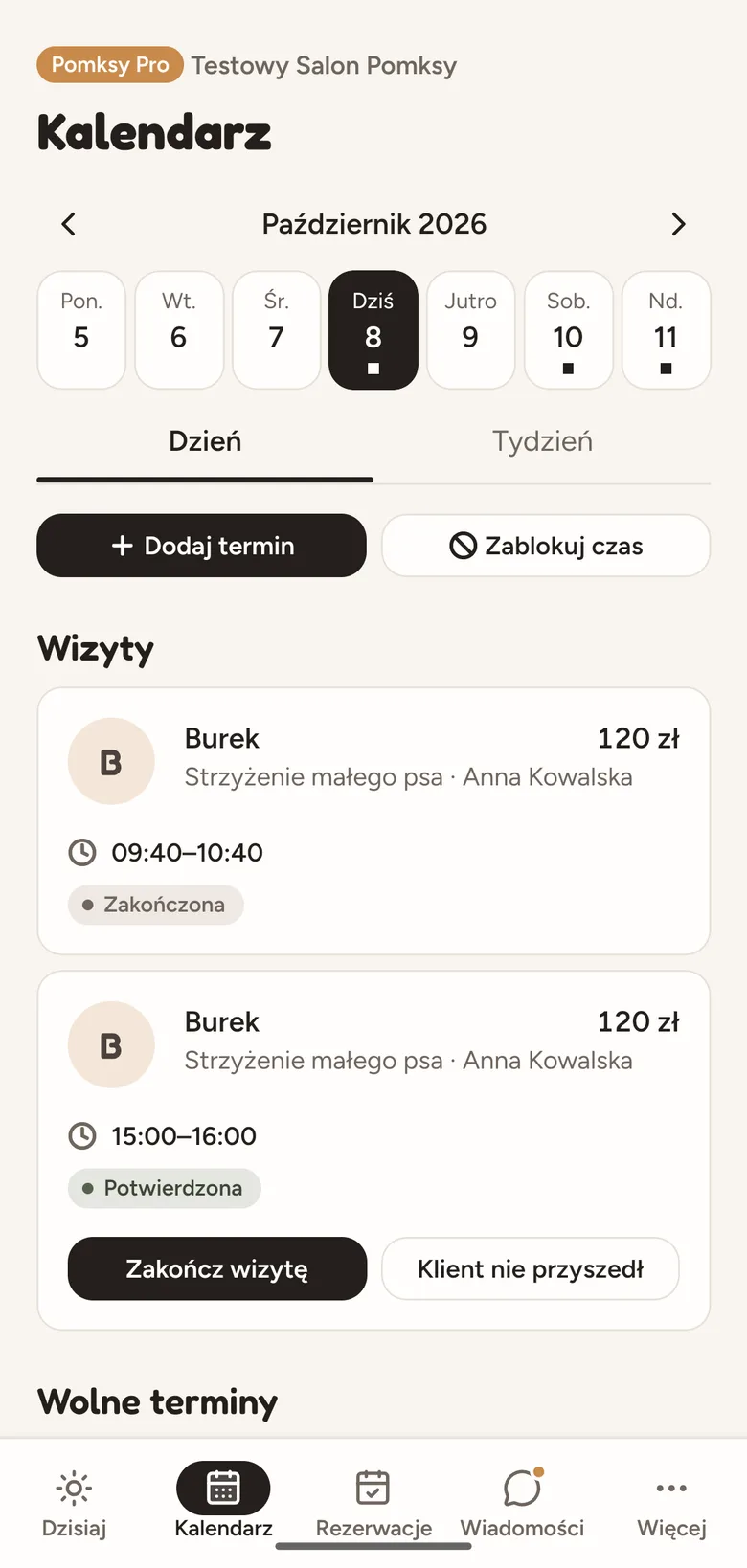 Pomksy Pro Lite: kalendarz z paskiem dni, przyciskami Dodaj termin i Zablokuj czas oraz listą wizyt